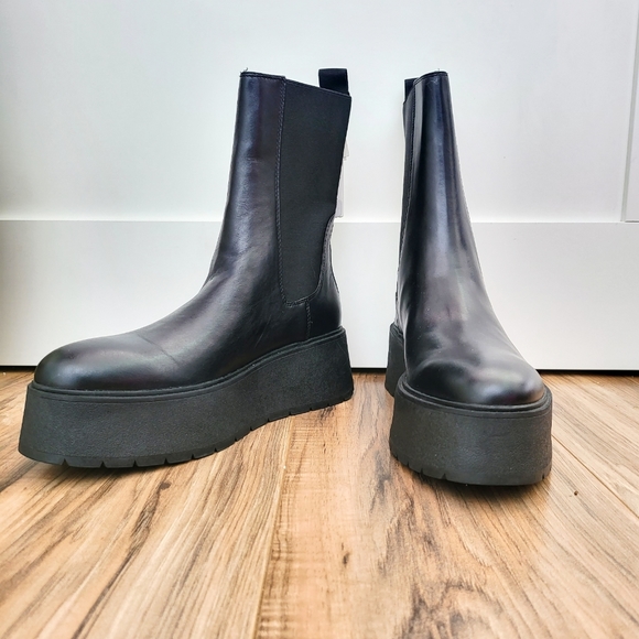 ZARA WOMEN'S FLAT LEATHER PLATFORM ANKLE BOOTS Black Genuine Leather US 9 NWT - Picture 5 of 15